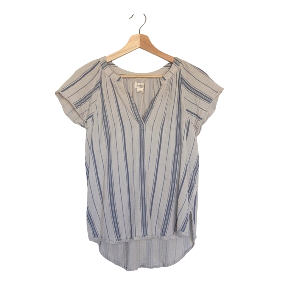 UpWest Flutter Sleeve Striped Organic Plisse Popover Shirt - Size L